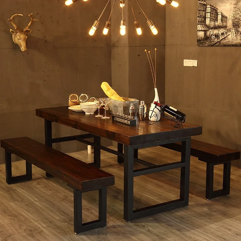 Retro dining table bar restaurant household solid wood dining table and chair combination creative