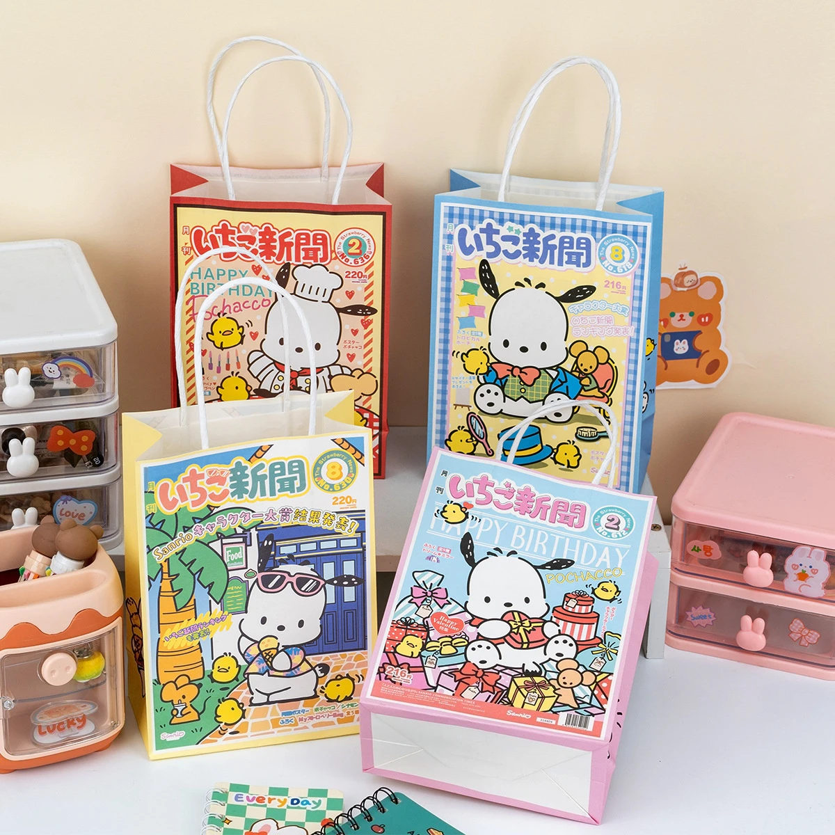 Novos modelos sanrio kuromi sacos de papel mymelody pachacco saco de presente de doces portátil criativo padrão dos desenhos animados festa de aniversário decoração presente