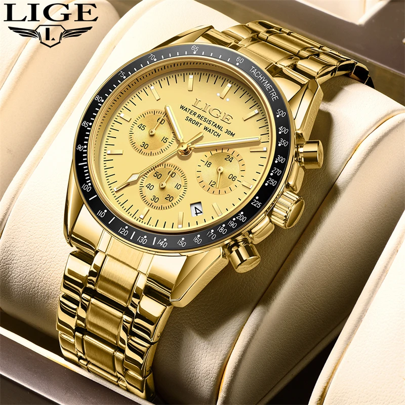 LIGE Men\'s Watches Luxury Gold Watches for Men Chronograph Waterproof Luminous Date Man Wrist Watch Stainless Steel Quartz Clock