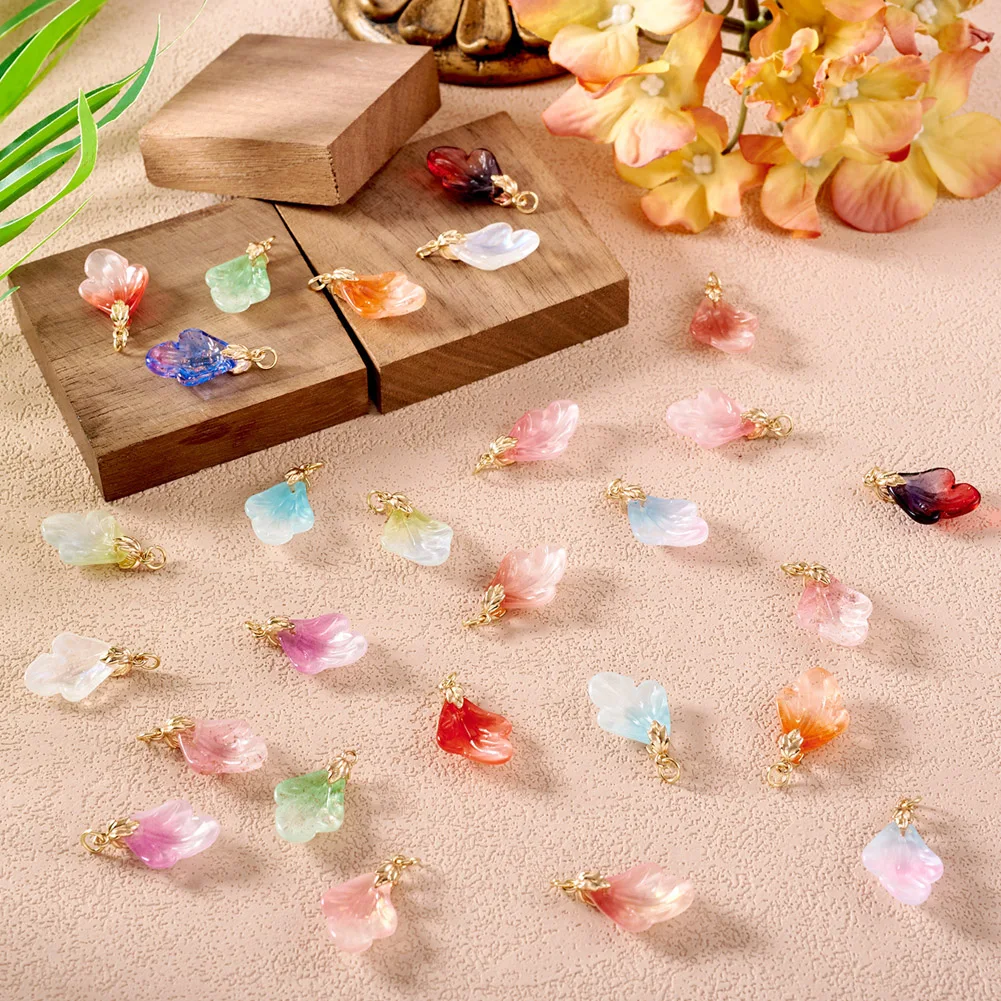 28Pcs Leaf Shape Lampwork Pendants with Brass Ice Pick Pinch Bails for Jewelry Making DIY Necklace Earrings Crafts Findings image 4