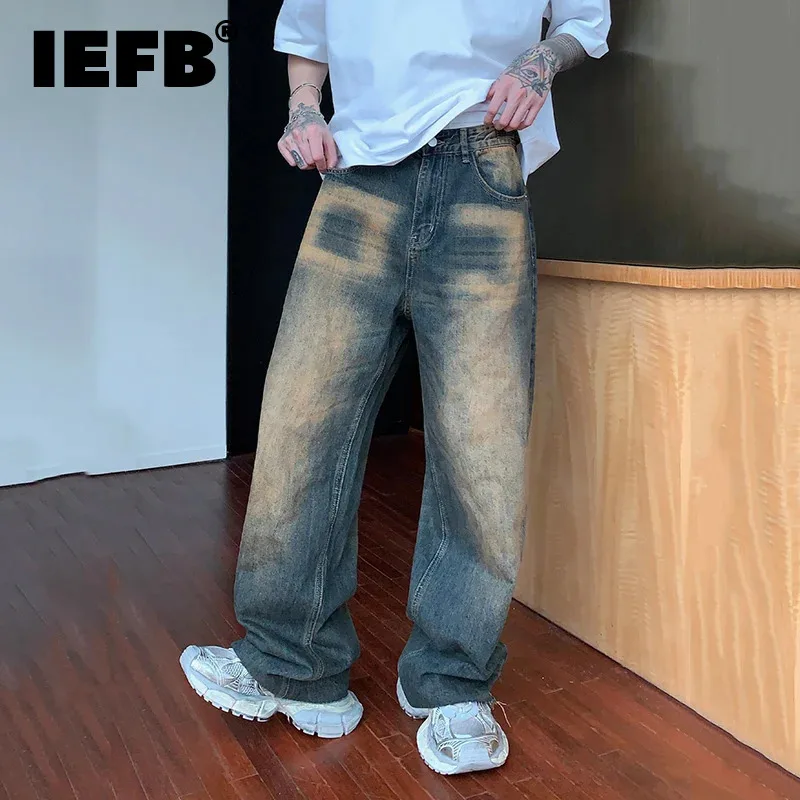 

IEFB Men's Denim Pants Autumn Winter Vinatge Men Wear Straight Worn-out Washed Jeans 2024 New Trendy Rough Selvedge 9A8628