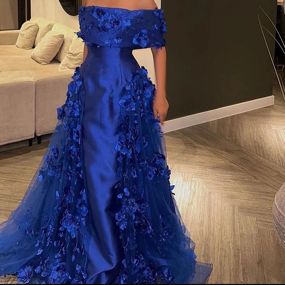 Elegant Pleats Appliques Flowers Evening Dresses Temperament A-Line Strapless Off the Shoulder Satin Half Sleeves Prom Gowns