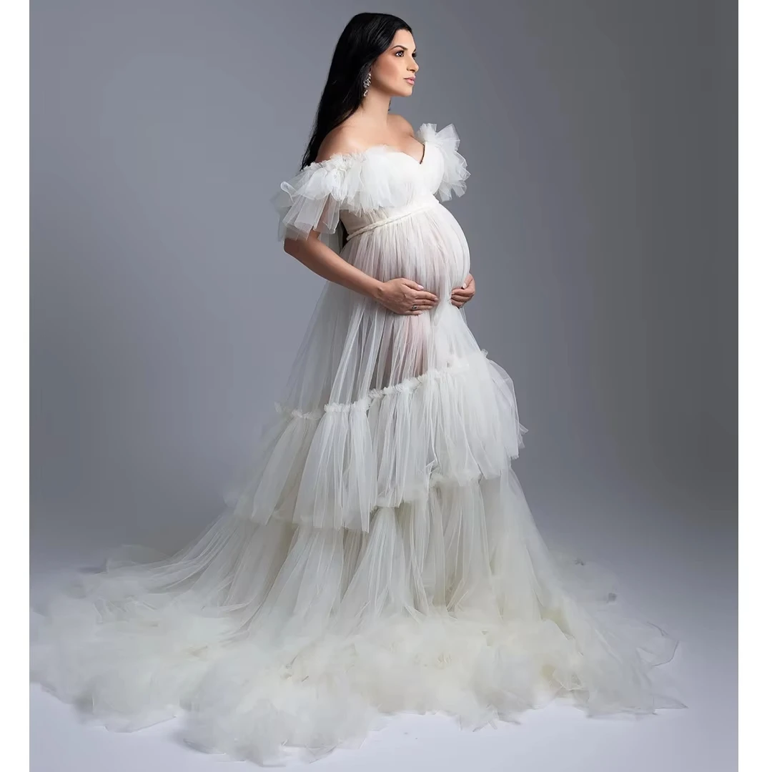 Elegant Ivory Prom Dresses Women Pleated Tulle Maternity Photoshoot Dress Pregnant Women Robe A Line Bridal Evening Gown