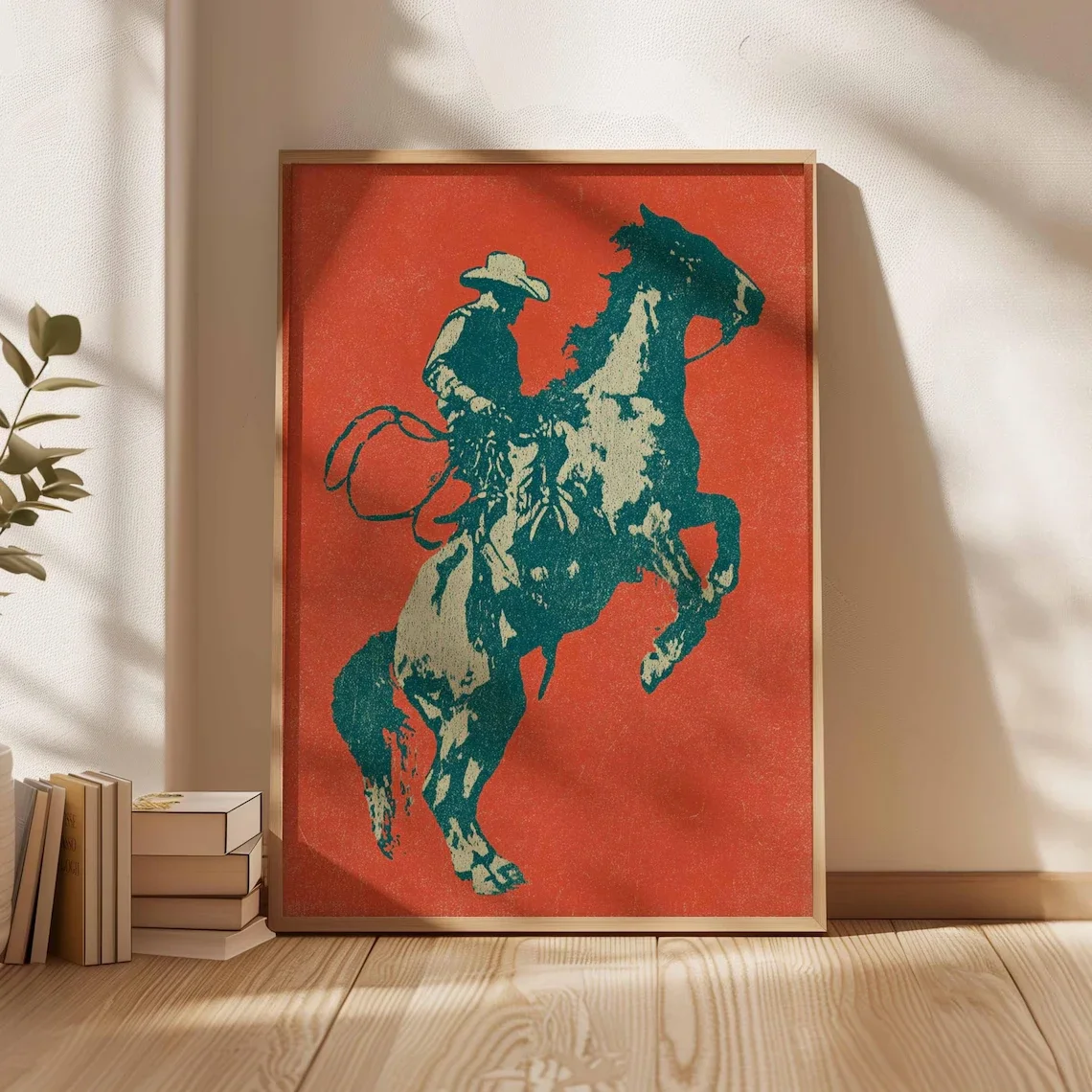 (No frame)Cowboy Poster Western Wall Art Rustic Horse Rider Print Vintage Rodeo Decor Bold Red Minimal Design Americana Count
