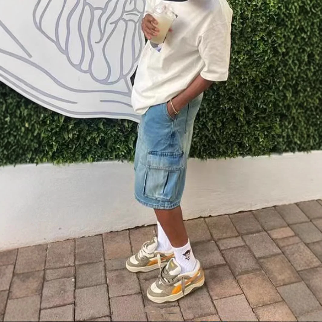 Short en jean pour hommes, pantalon Cargo droit, taille moyenne, poches multiples, délavé, Streetwear, longueur aux genoux, été 2025