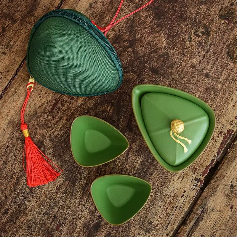 Ceramic Travel Tea Set, Green 1 Teapot, 2 Tea Cups, Quick-service Cups in Zongzi Shape, Outdoor Tea Set for Dragon Boat Festival