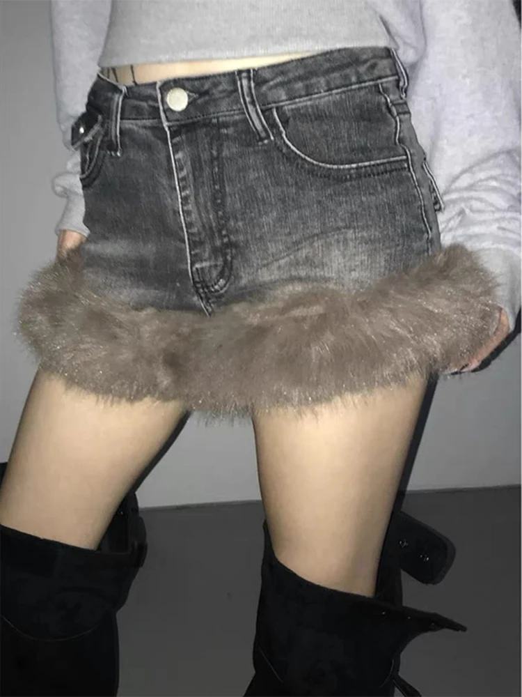 Amerikaanse stijl retro pluche gesplitste denim shorts dames herfst winter nieuwe pittige meisjes gewikkeld billen ruwe randen hotpants