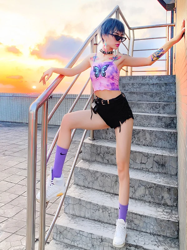 

Promotion Purple Dyed Crop Top And Shorts Denim Outfit Bar Performance Women's Ethnic Costume Stage Suit Set