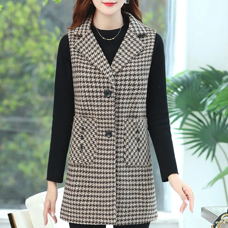 #0716 Vintage Sleeveless Blazer Women Single Breasted Slim Middle Age Women\'s Vest Waistcoat Plaid Vest Coat Femme Spring Autumn