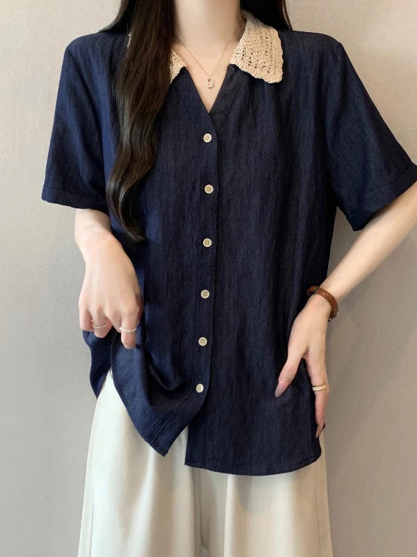 

Elegant Dark Blue Hollow out Short Sleeve Hook Design Women's Shirt Korean Style Loose Fit Commute Wear Summer New plus Size