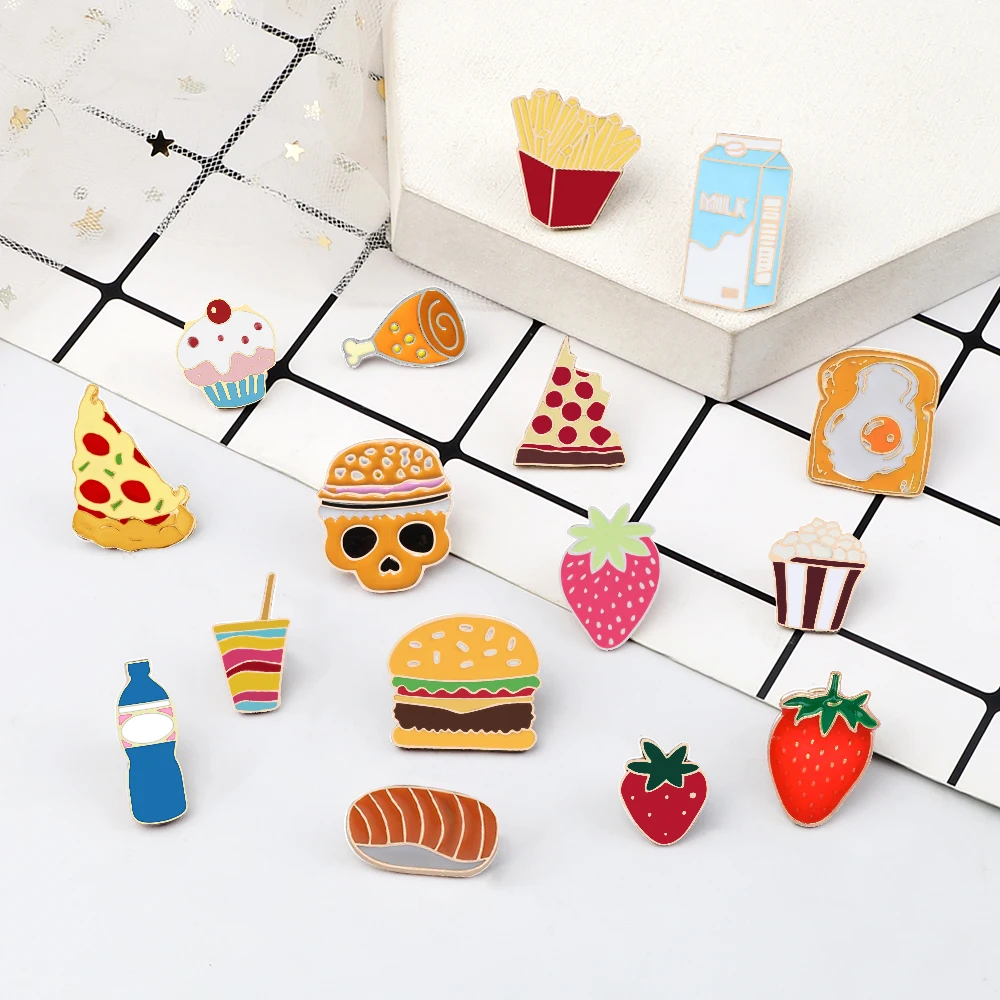 Enamel Pins Cartoon Food Brooch for Women Gift Jackets Lapel Denim Badge Egg Hamburger Fries Strawberry Cake Kids Favorite Pin