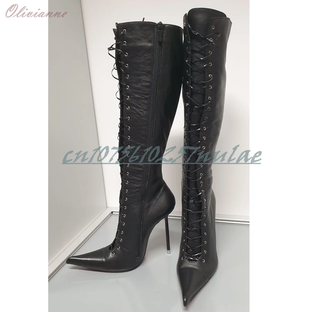 Botas de media pantorrilla con remaches de encaje y flores de seda, zapatos sexis de tacón alto de aguja mate negro puntiagudo Para Mujer, novedad de 2025, fiesta