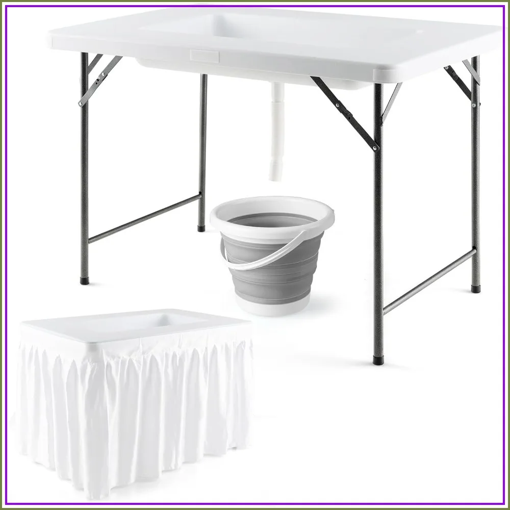 Folding Ice Table 4FT Buffet Serving Table with Bucket, Removable Skirt, Drain for Party Camping