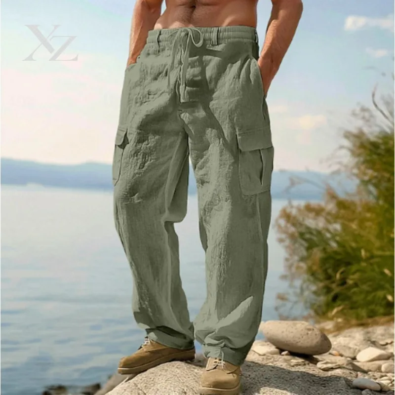 Opening Sale |Men's Cotton Linen Cargo Pants Elastic Waist Drawstring Multi-Pocket Loose Wide Leg Casual Summer Trousers For Hik