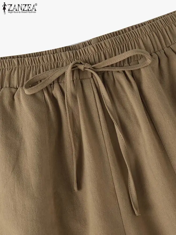 ZANZEA-Calça curta de algodão casual solta feminina, monocromática, shorts elegantes, cintura elástica, cordão, feriado, verão, 2024