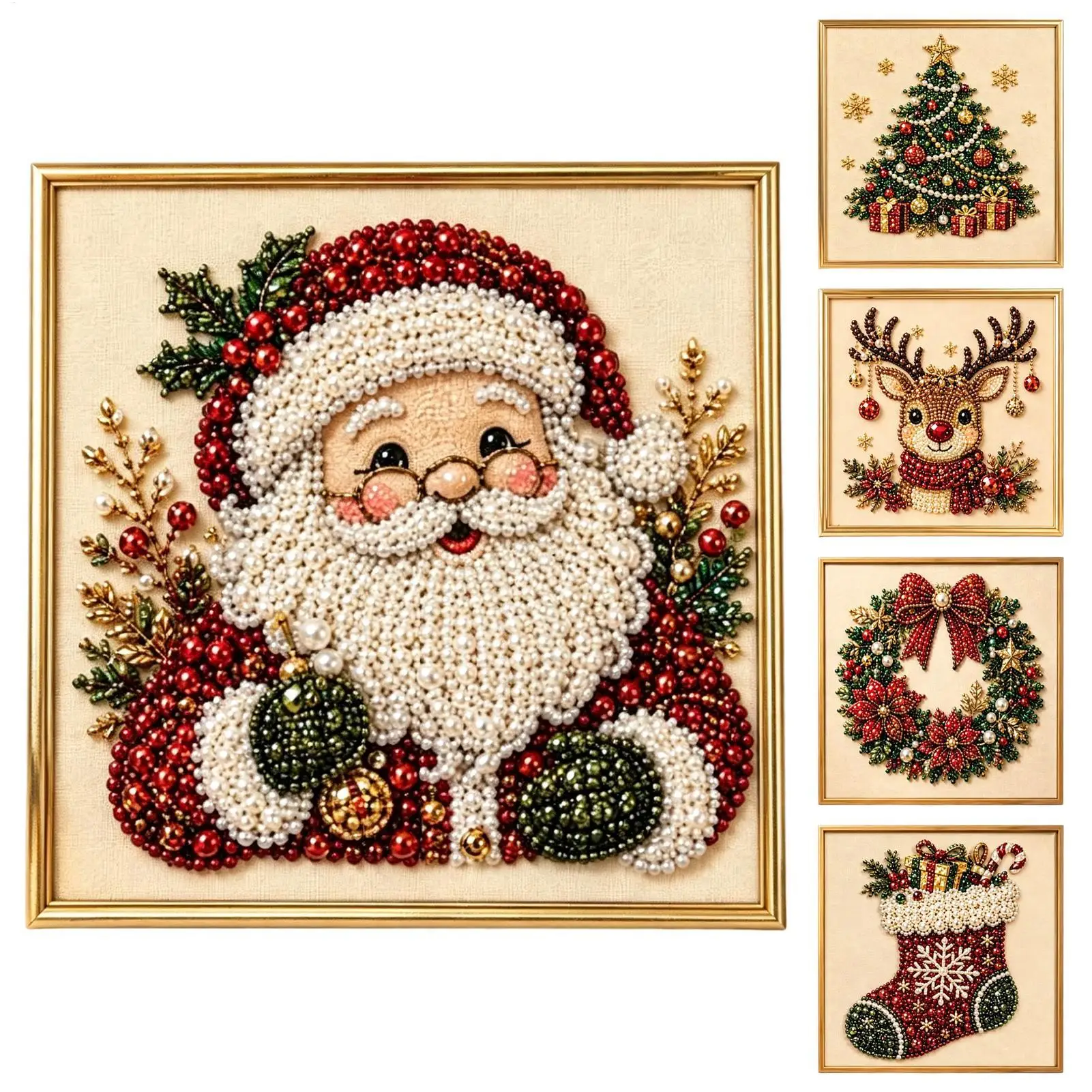 Weihnachts-Perlen-Diamanten-Malset mit Rahmen, DIY-Perlen-Bastelset für Erwachsene, Anfänger, Heimdekoration, Wandkunst, Partygeschenk