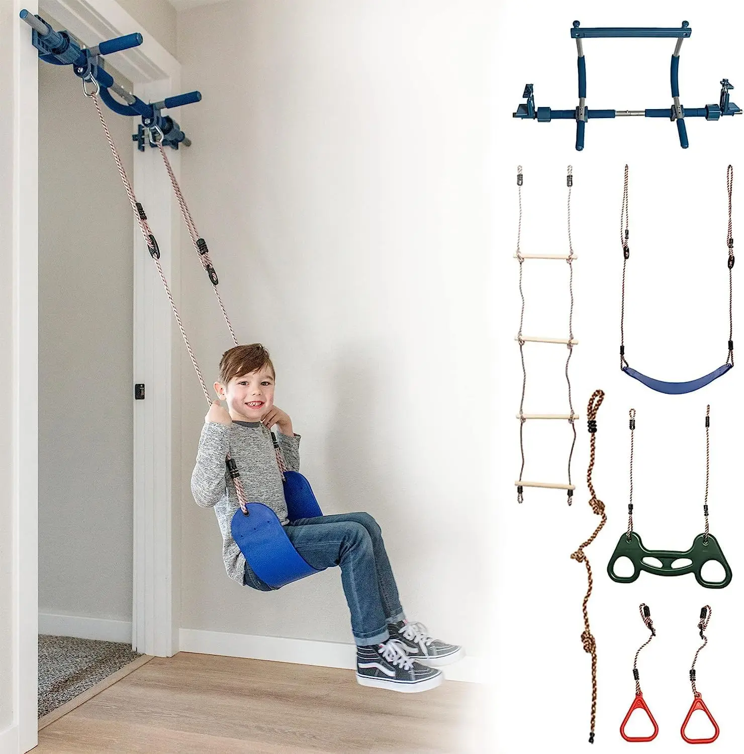 

6-Piece Doorway Gym for Kids - Includes Door Sensory Swing Indoor Pull-Up Bar for Adults, Rings, Hanging Trapeze, Ladder & Knott