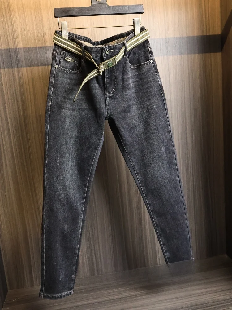 Black Tech Heating Fiber Belted Straight Leg Casual Jeans Men's Autumn Winter Versatile Elastic Denim Pants Modern Style