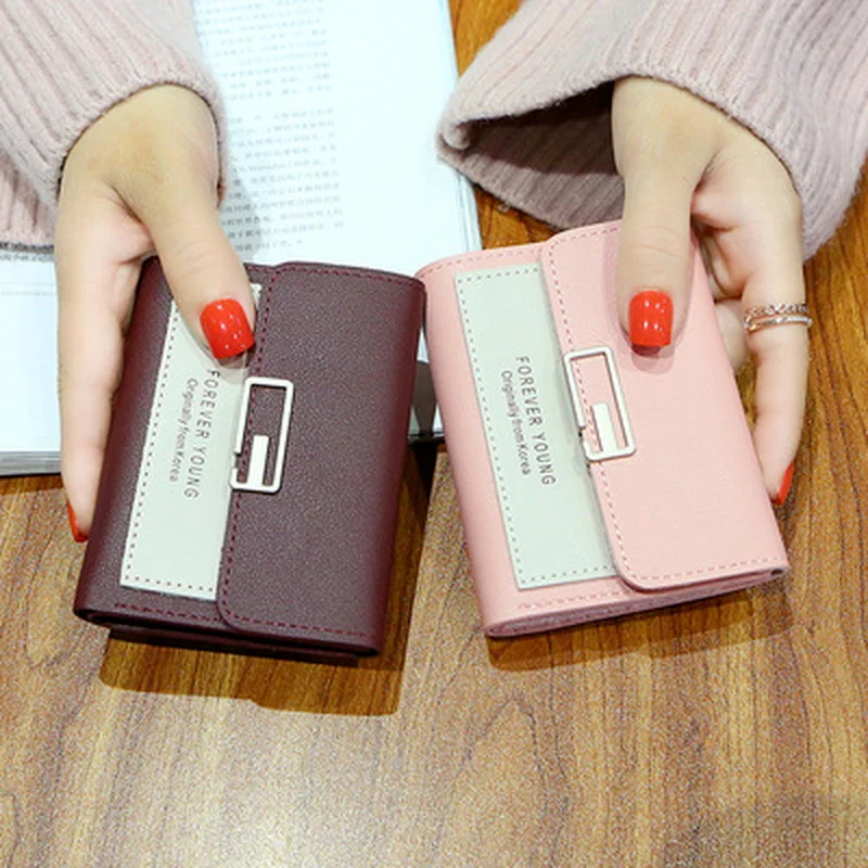 New Women's Color-Blocking Compact Tri-Fold Wallet Holder Purse with Premium Metal Snap Card bag