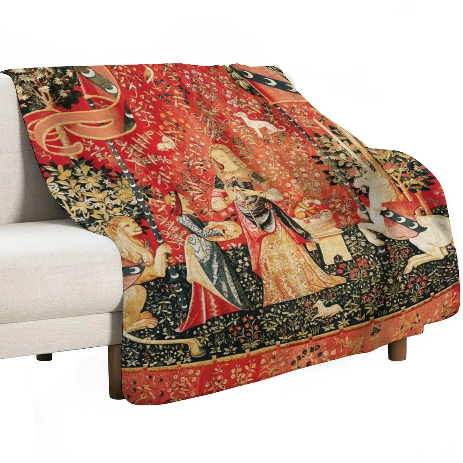 LADY AND UNICORN ,SMELL ,Lion,Fantasy Flowers,Animals Red Green Floral Throw Blanket Fashion Sofas wednesday halloween Blankets