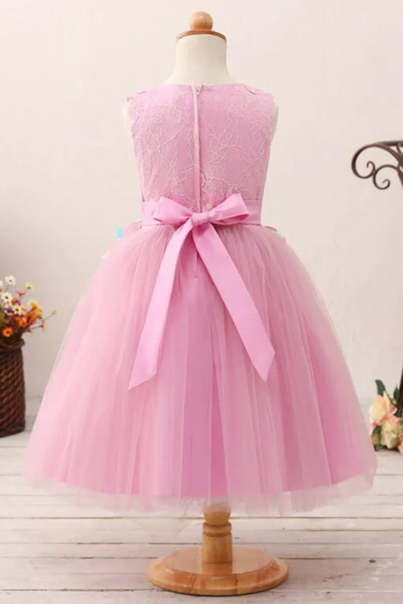 Pink Flower Girl Dress Tulle Cute 3d Flowers With Lace Appliques For Wedding Birthday Party First Communion Gowns