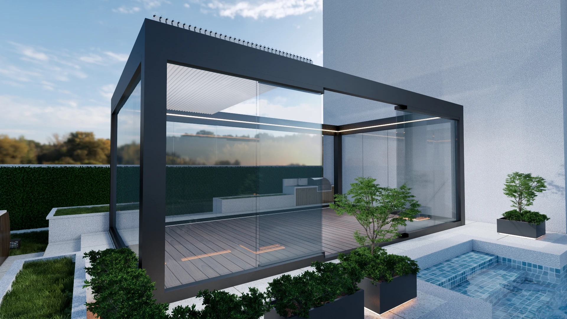 Telhado com persianas para terraço totalmente automático, retrátil, deslizante e dobrável, à prova d'água, pérgula externa de alumínio