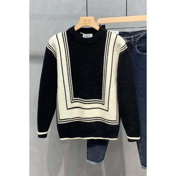 남성용 두꺼운 자카드 스플라이싱 라운드 넥 스웨터, 트렌디한 청소년 캐주얼 패션, 올 매치 따뜻한 니트 하의, 남성용 상의