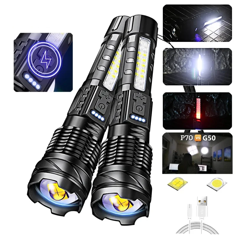 Highpower Multimode Flashlight Emergency Tactical Power Display Light P70/G50 18650 Built-in Rechargeable T6+COB Torch