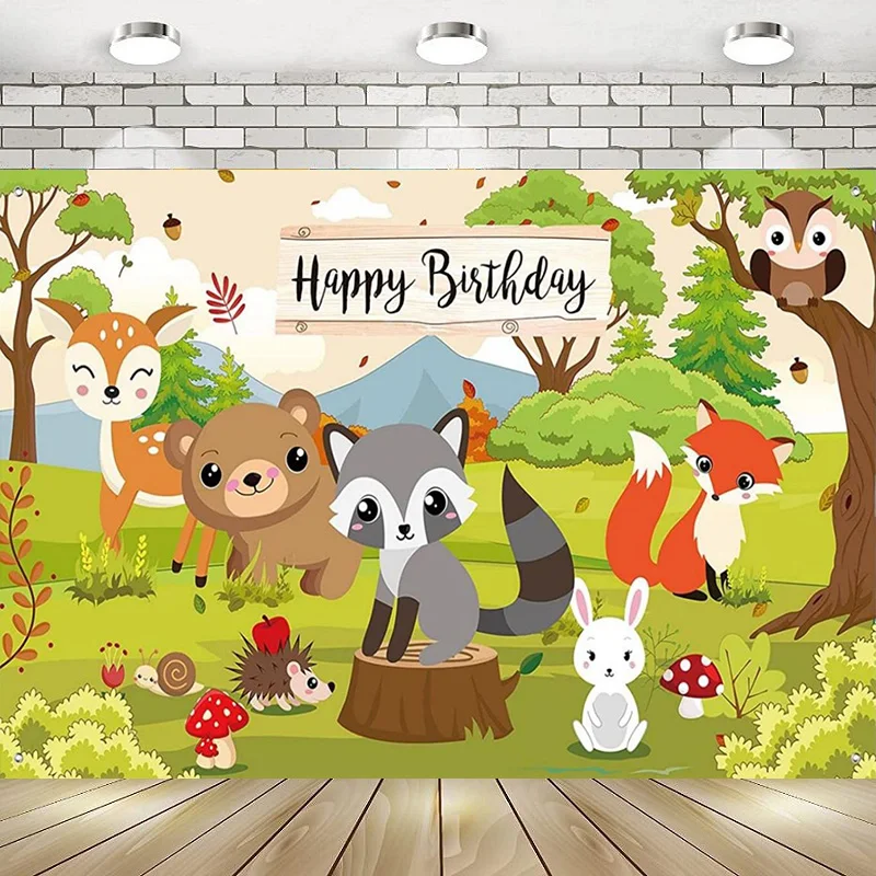 Woodland Forest Friends Animals Tree Mountain Happy Birthday Party Photography Backdrop Background Banner Decoration Baby Shower