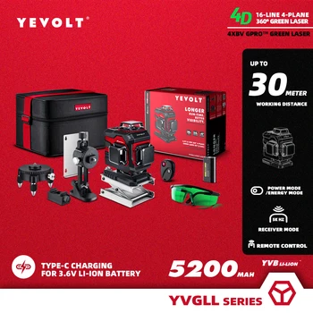 YEVOLT yvgll4xb2b2pro 4-Plane Green Beam Laser Marking Machine Level Kit 4D 16-Line 3.6V 5200mAh Battery Self Leveling Laser Leveling Power Tools