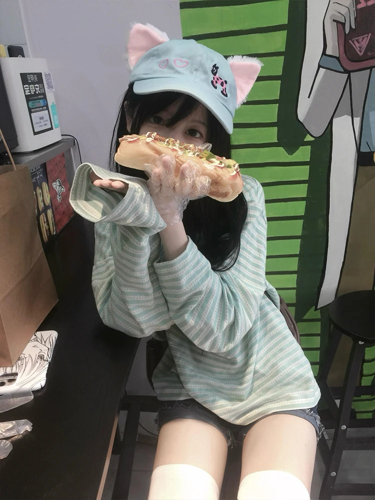 المرأة اليابانية الحلو القط التطريز شريط تي شيرت الخريف عادية فضفاض كم طويل بلايز Y2K Harajuku Kawaii موضة تيز جديد #2