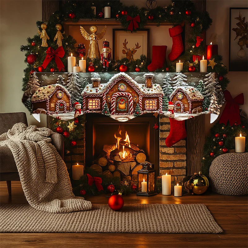 Christmas Fireplace Mantel Scarf Gingerbread House Snow Scene Mantel Topper Xmas Fireplace Shelf Cover Farmhouse Home Decor