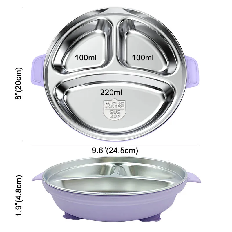 Baby Feeding Plate Stainless Steel 3-Compartment Dinner Plate Silicone Suction Cup 2-in-1 Dining Plate Snack Bowl With Handle