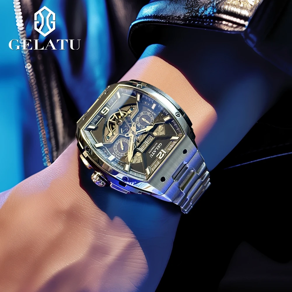 GELATU 6013 Men Watch Luxury Original Hollow out Men's Automatic Mechanical Watch Skeleton Waterproof Watch Men Sports Watch
