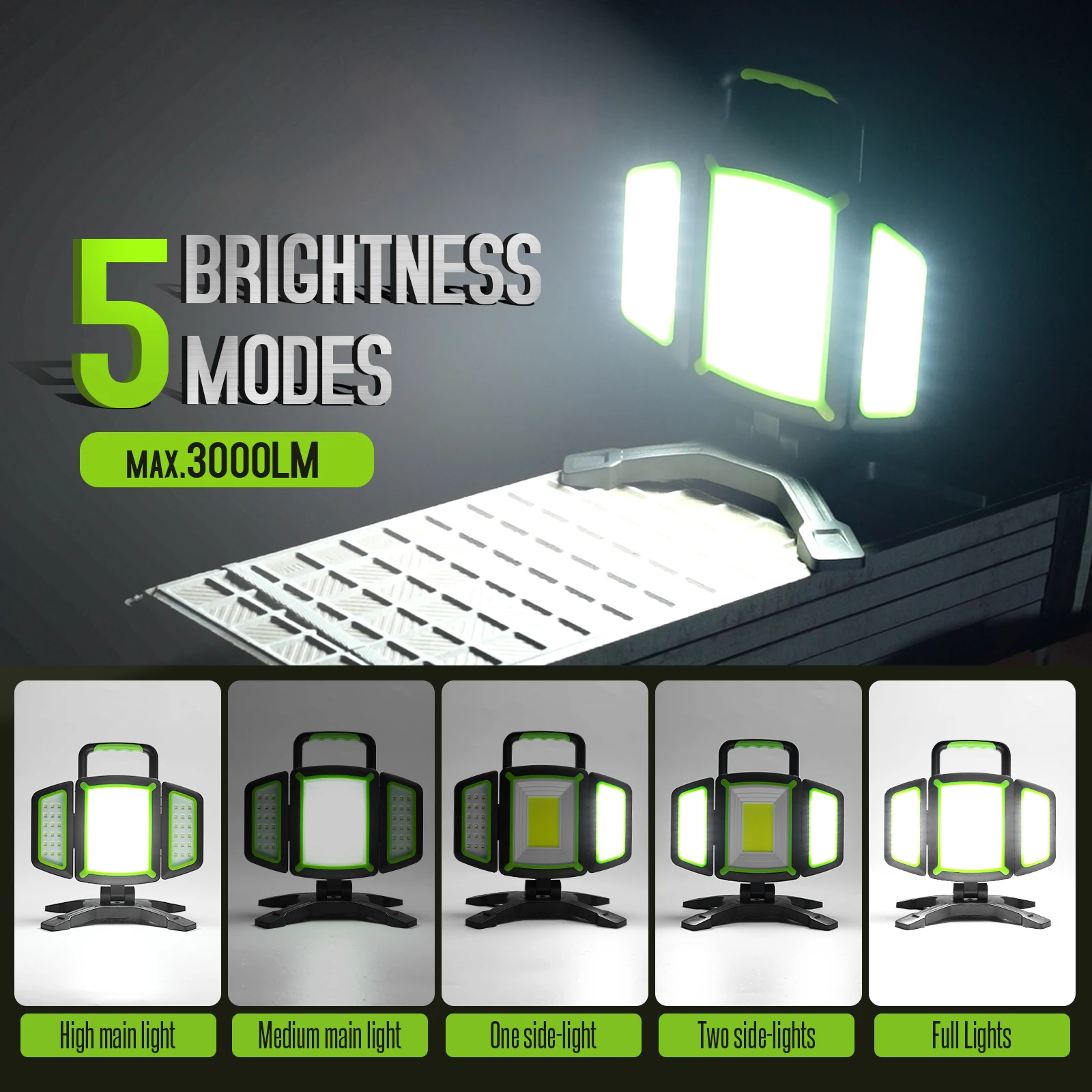 Luz de trabalho led magnética recarregável de 3000 lúmens, 30w super brilhante com carregamento de emergência, dobrável à prova d'água para acampamento de garagem