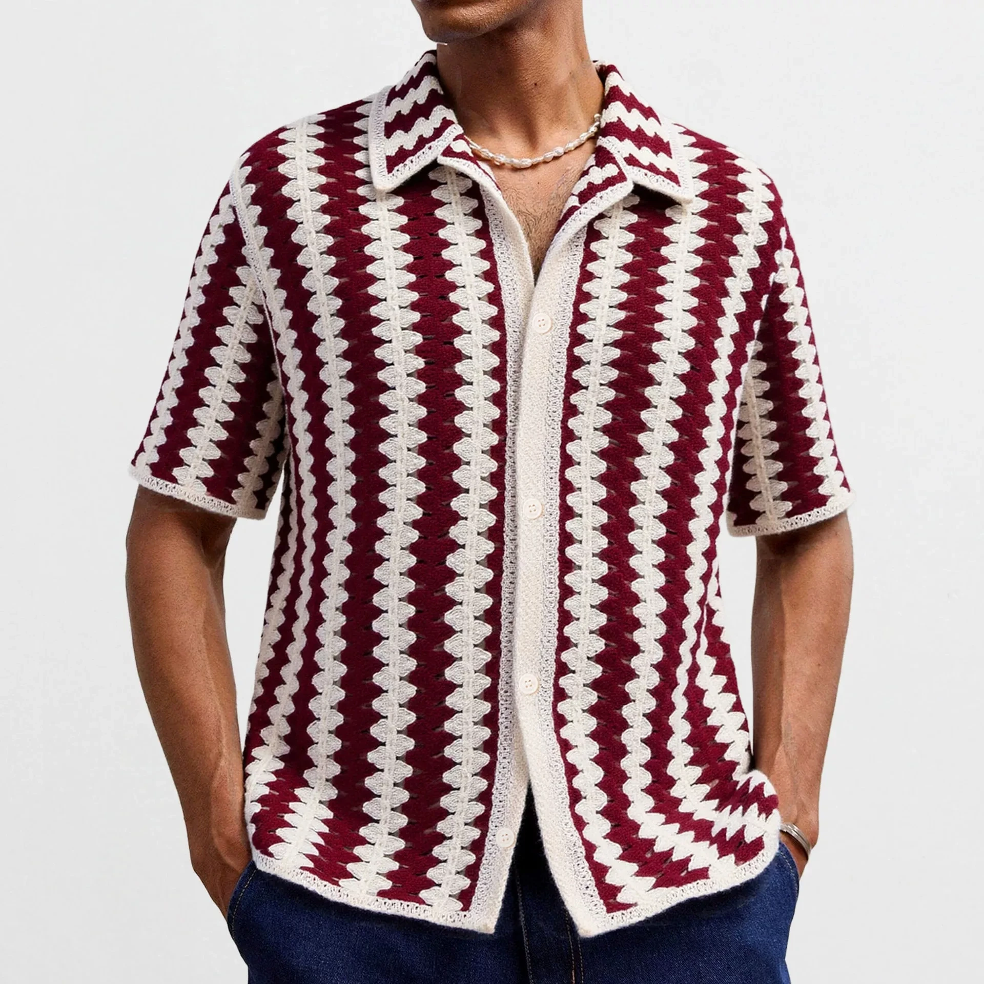 Men's fashion French retro striped knitted shirt with crochet flower short sleeves, summer hollow out polo shirt for outerwear