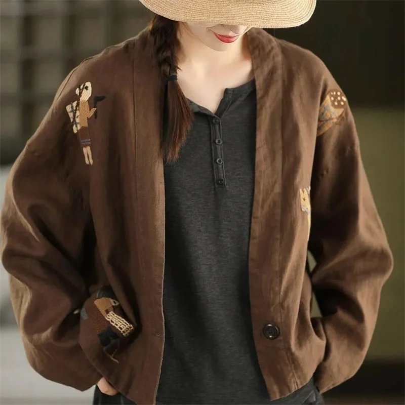 Women's Coat Women's Jacket  New Retro Embroidered Coat Women Spring and Autumn Loose Casual Shirt Joker Slim Coat a Button Top
