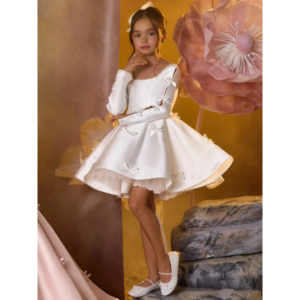 

White Flower Girl Dress Customized Satin Long Sleeves Bow Mini Birthday Dresses for Wedding Prom Party Pageant Banquet Gowns