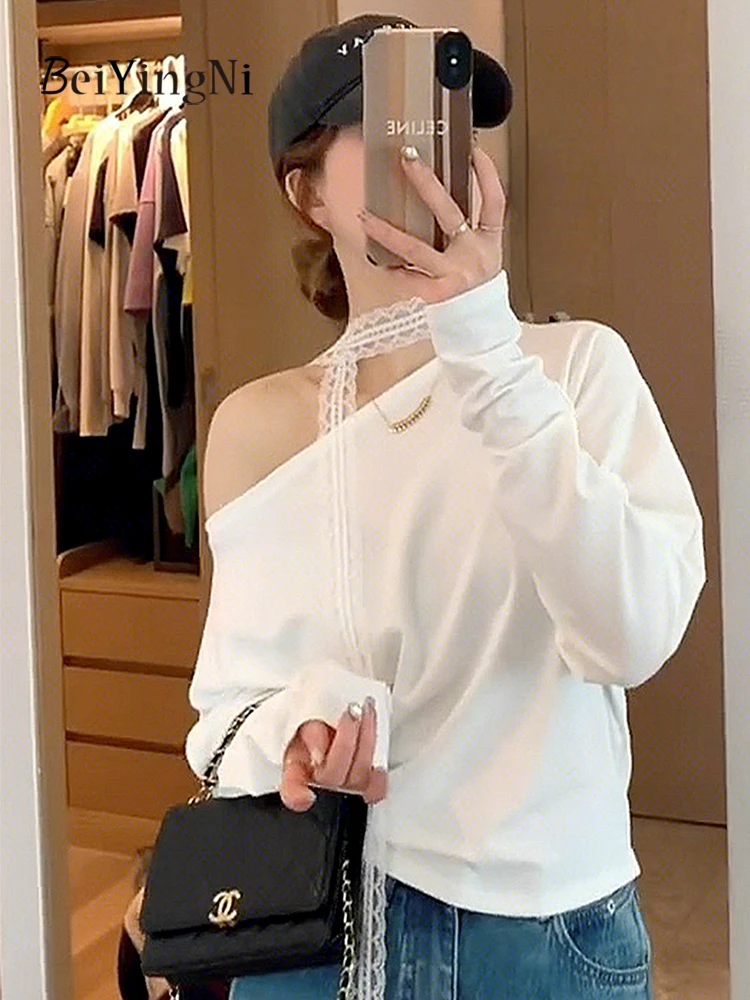 

Beiyingni 2025 Casual Fashion Women T-shirts Sexy Slash Neck Off Shoulder Full Sleeve Tops Female Temperament White Chic Tshirt