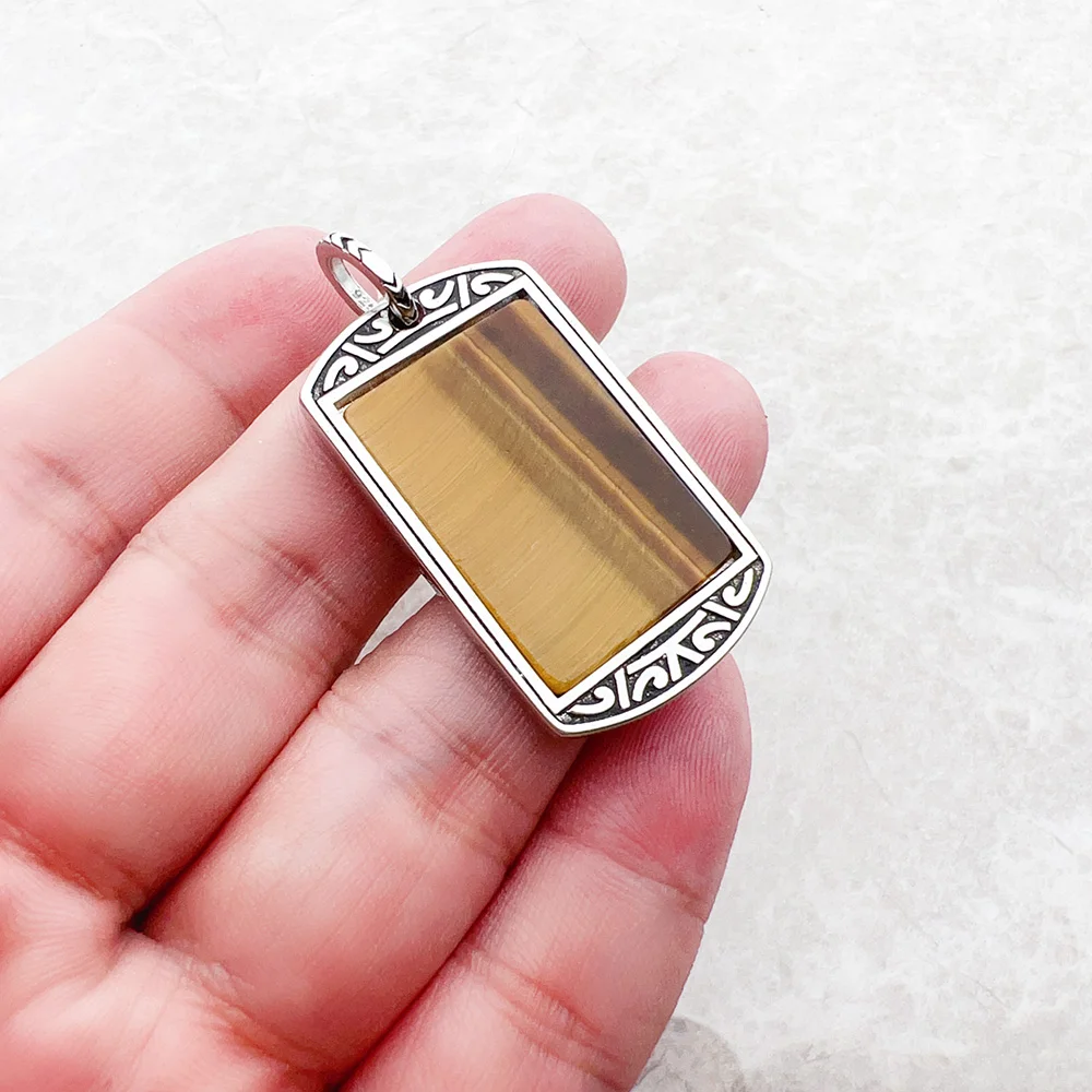 Pendant Dog Tag Tiger‘s Eye Brand New Jewelry Europe 925 Sterling Silver Trendy Gift For Women Men