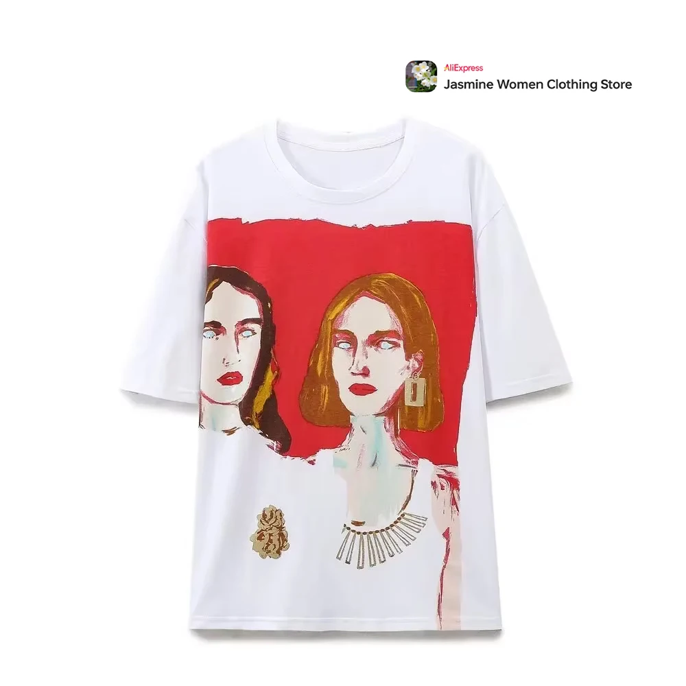 Fshion Casual Women's T-shirts Classic Short Sleeve Tees Kpop Loose Graphic Print White T-shirts COTTON Harajuku O-NECK Tshirt