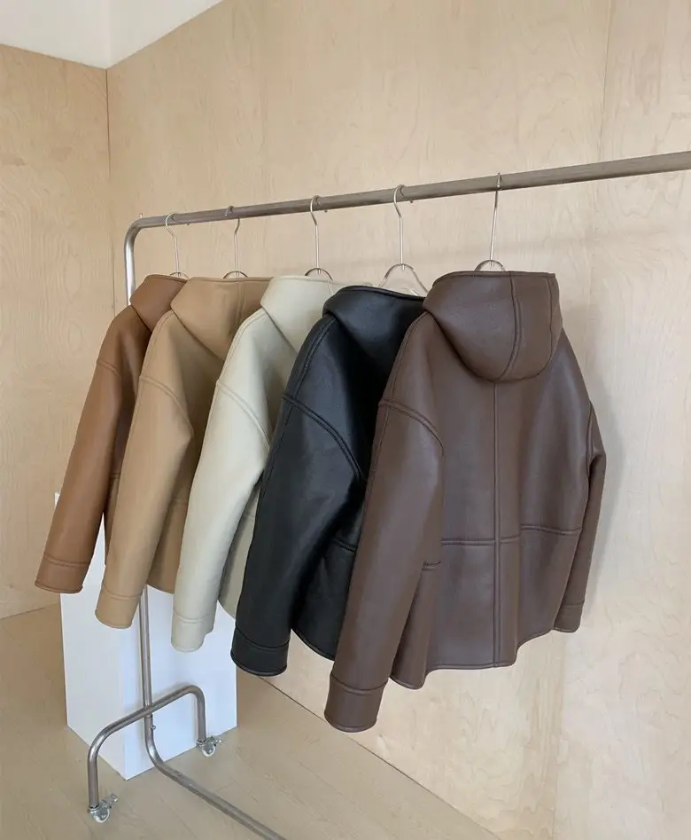 Autumn Winter Niche Unique Chic Top French Small Fragrant Celebrity Design Sense Korean Hooded Leather Jacket Short Coat Women