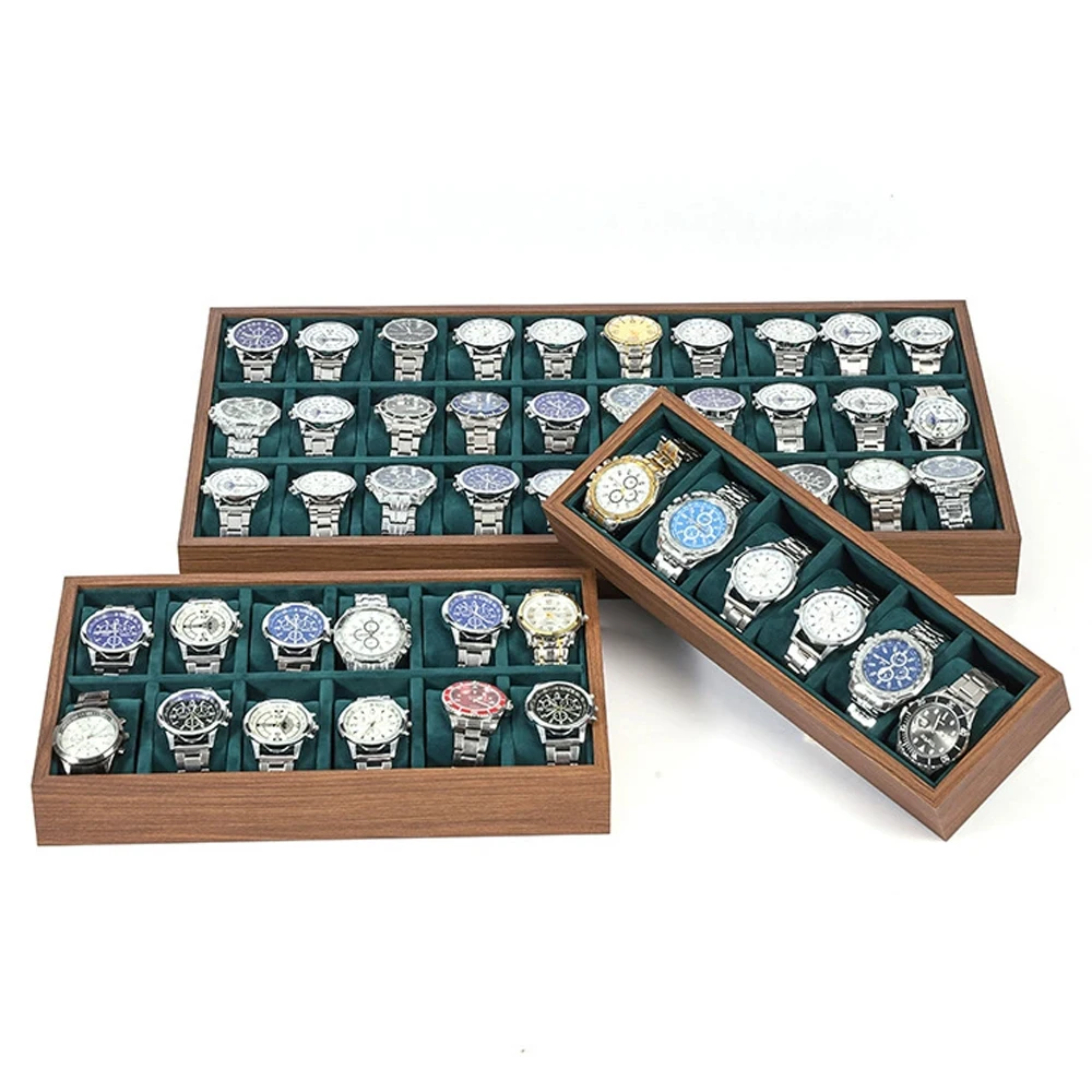 Wooden Watch Jewelry Tray Organizer 12/24 Grids Display Holder with Removable Pillow Men Women Storage Box DarkGreen