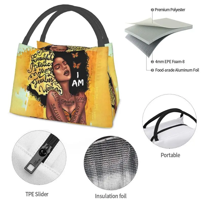 American African Girl Black Women Insulated Lunch Bag Resuable Cooler Thermal Bento Box per lavoro School Picnic Food Lunch Tote