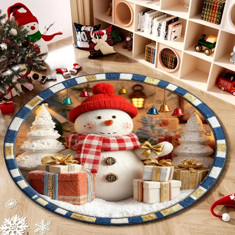 Cute Snowman Christmas Round Area Rug Gift Boxes Bells Print Floor Mat Xmas Holiday Home Decor Carpet for Bedroom Living Room
