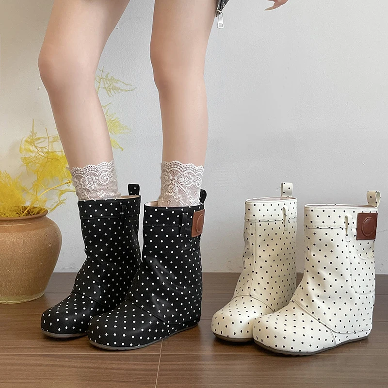 Korean Polka Height Increasing Mid Length Boots Round Toe Thick Sole Suede Sleeve Short Boots Retro  Commuting Soft Soled Shoe