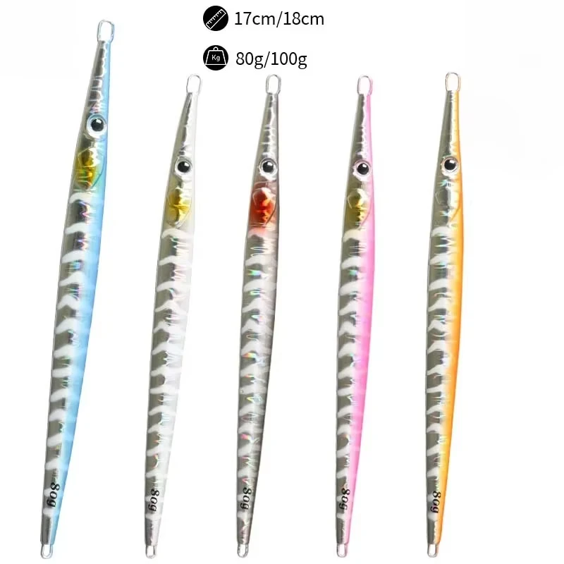 1Pcs Fishing Needle Jig Long Metal Rattle Lure 170mm/80g 180mm/100g UV Sinking Slow Jigging Shore Spoon Artificial Tackle