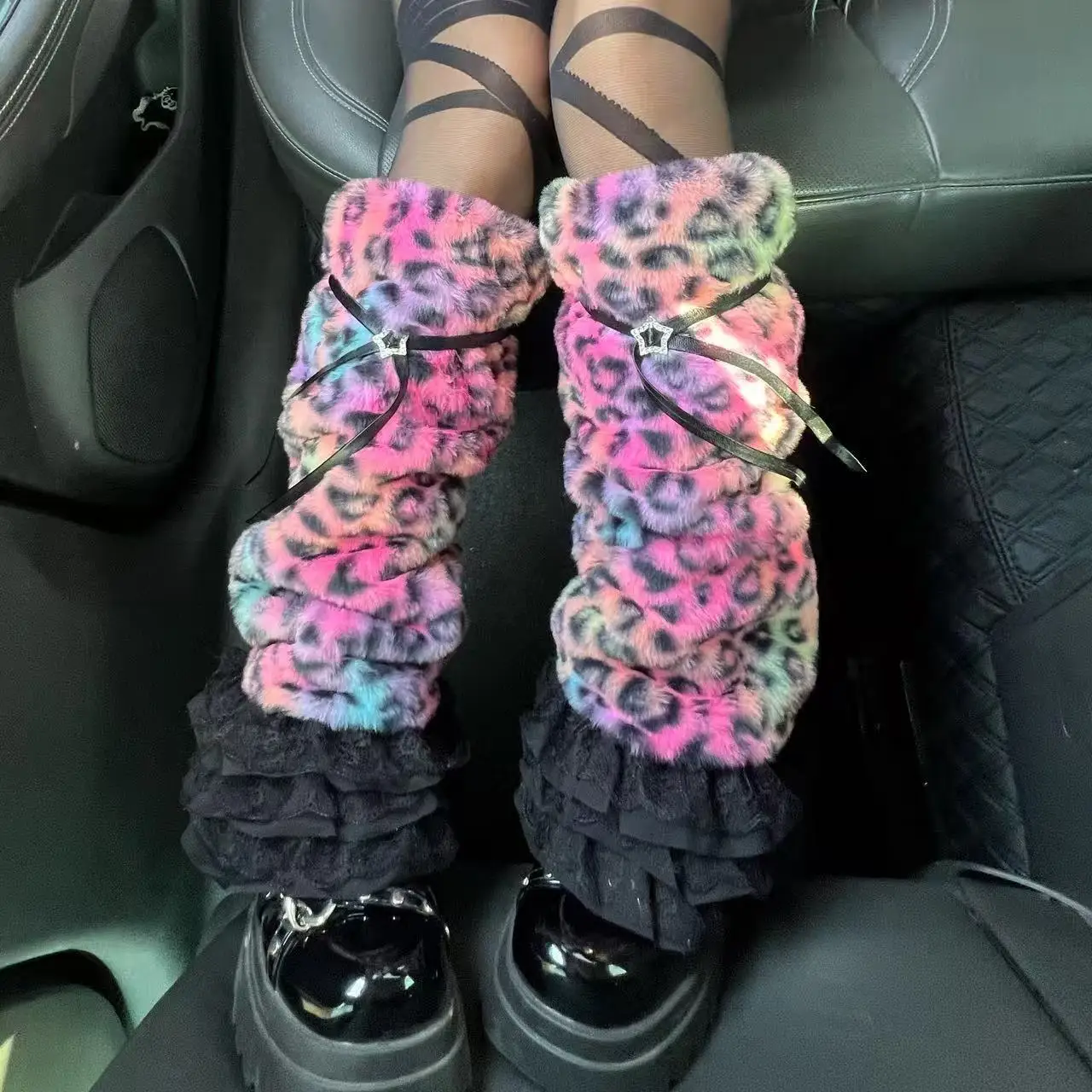 Winter Y2K Gothic Punk Subculture Colourful Leopard Print Warm Leggings Shibuya Hot Girl Retro Trend Dazzle Straps Leggings