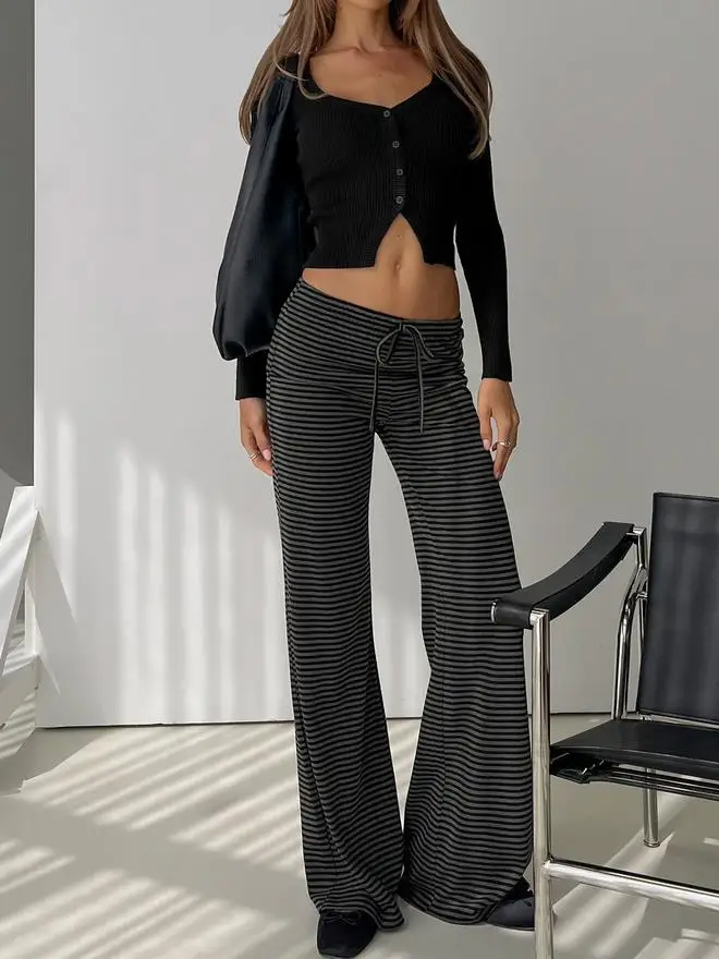 

GuliriFei женские полосатые брюки, повседневные брюки с эластичной резинкой на талии и шнурком, свободные брюки, уличная одежда для повседневной носки