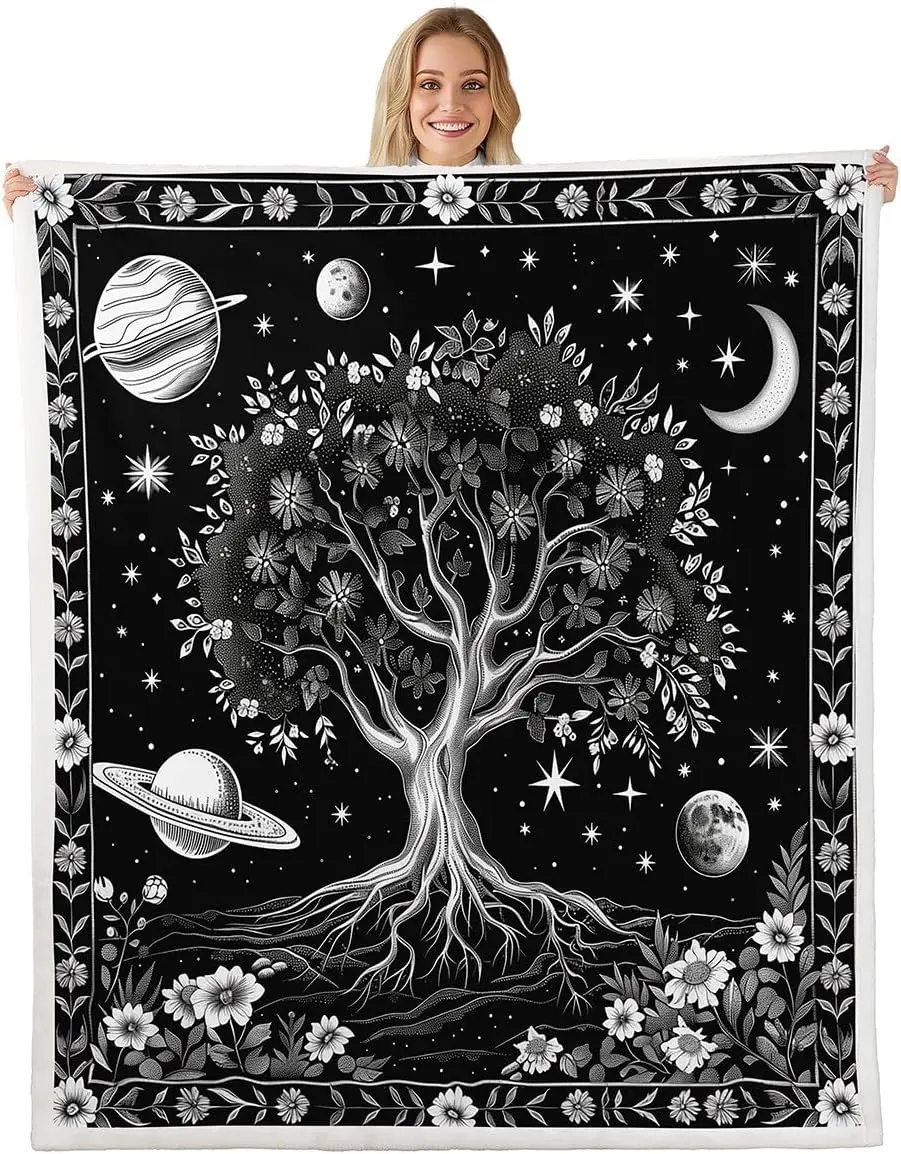 Tree Branches Sherpa Blanket Tree of Life Flower Throw Blanket Bedroom Living Room Soft Cozy Starry Sky Galaxy Planets Blankets